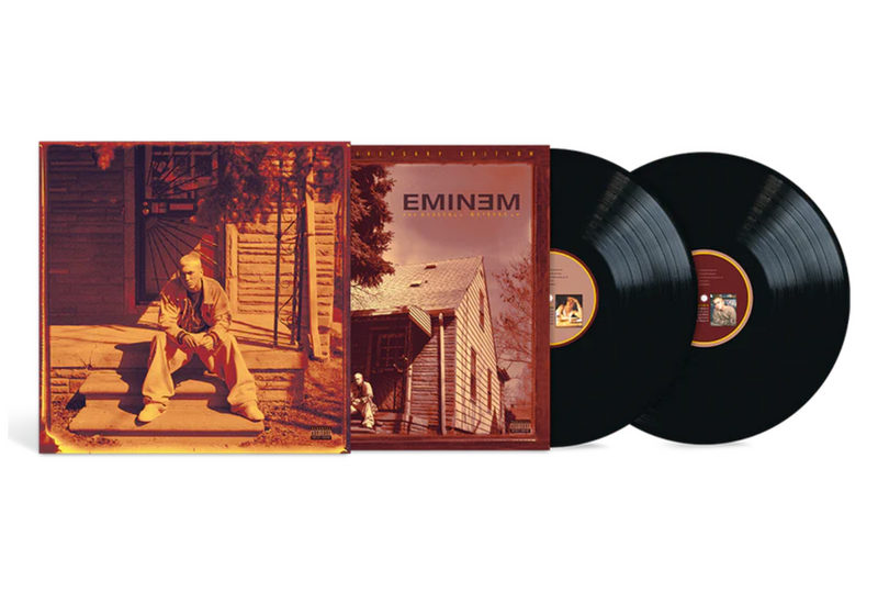 black vinyl record set with slip cover of Marshall Mathers LP 25th anniversary and original cover inside the slip case.