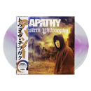 Vinyl record with a cover featuring a person in a hood and a cityscape, labeled 'Apathy Eastern Philosophy'.