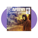 Vinyl album cover with a person in a hooded robe and a cityscape background, featuring the title 'Apathy Eastern Philosophy'.