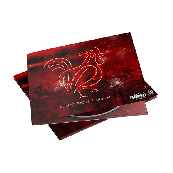 Red packaging with a rooster illustration and 'Bulletproof Chicken' text on a white background