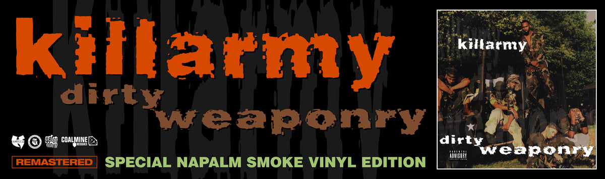 Album cover for 'dirty weaponry' by Killarmy with text and band members.