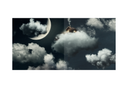 gatefold image of a House partially hidden by clouds with a moon in the sky