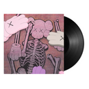 Vinyl record with a cover featuring a skeleton and pink gloves on a white background