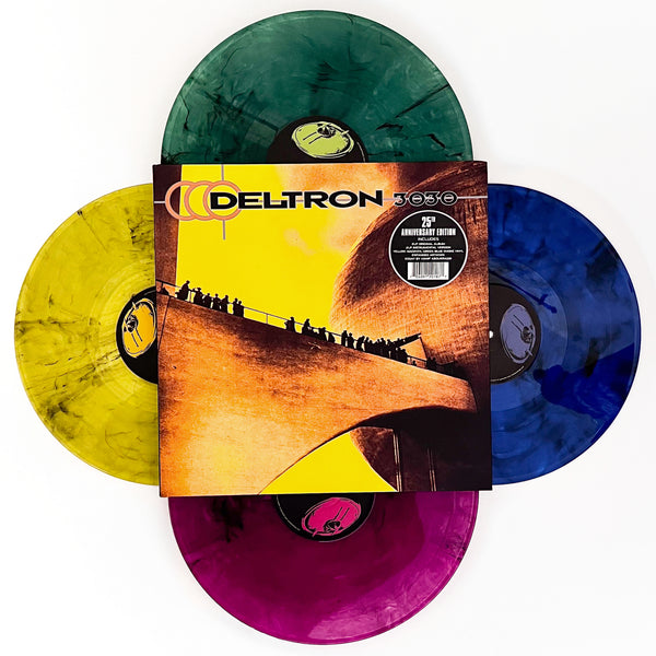 Vinyl records with colorful sleeves and a central cover displaying 'Deltron 3030'.