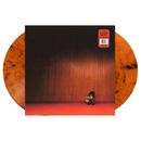 Vinyl record with a person sitting on a red carpet in front of a wooden wall, on a white background.