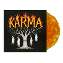 Vinyl record with a tree design and 'Karma' text on the cover with an orange fire colored record 
