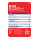 Back of a toy packaging with MF Doom album list on a red background