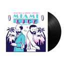 Vinyl record with 'Miami Lice' cover featuring two illustrated figures and palm trees.