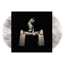 Vinyl record with a person in camouflage sitting on a bench, surrounded by marble-like texture.