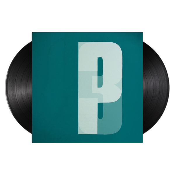 Vinyl records with a teal cover featuring a Portishead logo on a white background