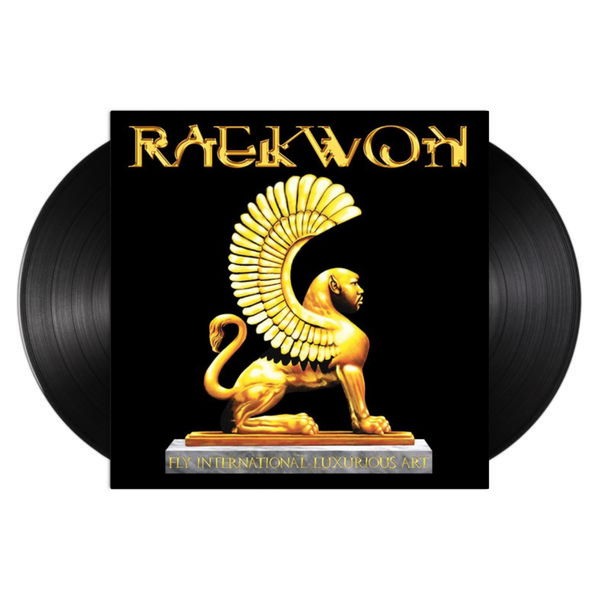 Vinyl records with a gold winged lion design and 'Raekwon' text on a black background