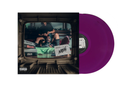 Purple vinyl record with album cover showing two people in front of a TV