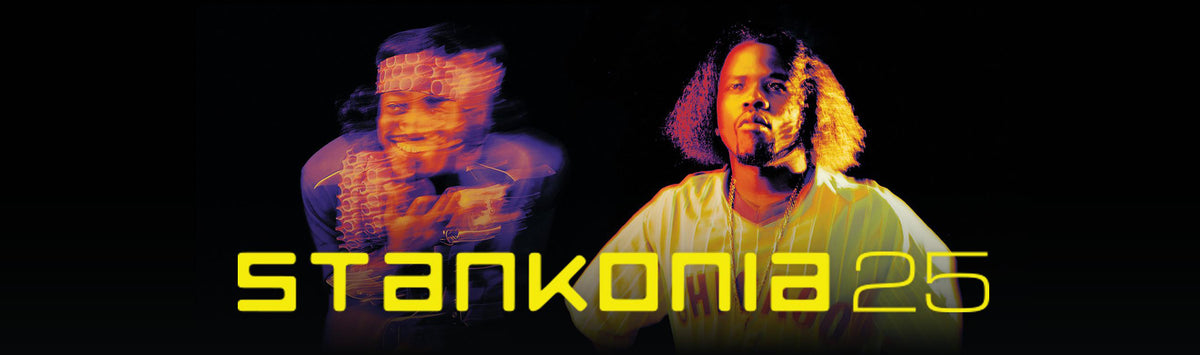 Big Boi and Andre 3000 with a 'Stankonia 25' logo in the center on a black background