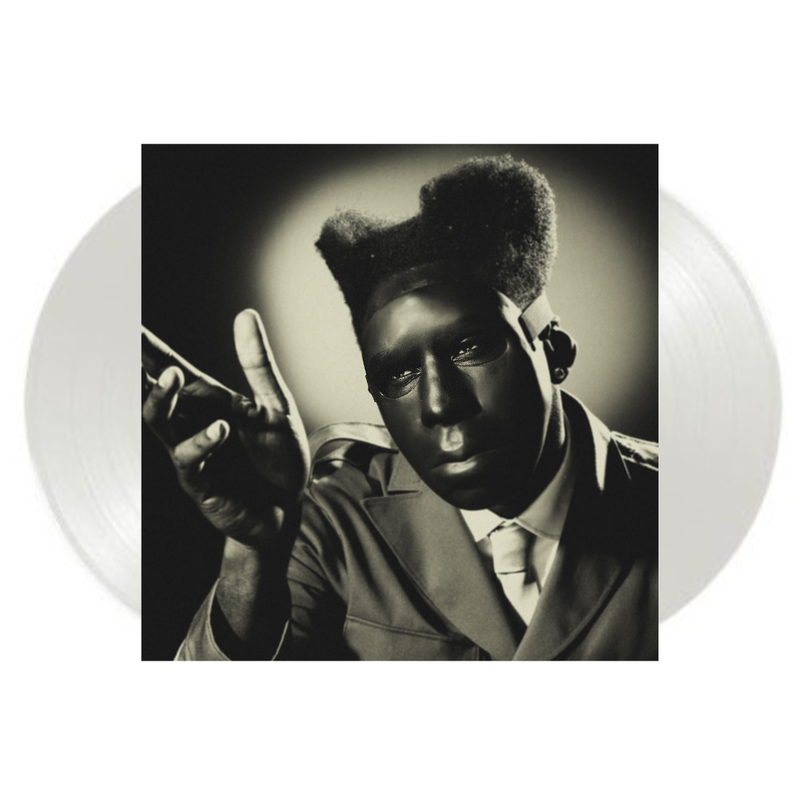 Vinyl jacket cover of Chromakopia with a picture of Tyler The Creator in a mask and white records on the side