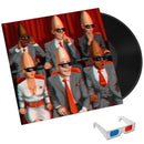 A vinyl record partially visible behind an illustrated album cover featuring six alien-like figures in suits seated in a theater, with white 3D glasses shown in front on a white background.