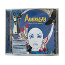 Album cover with 'Amnesty Free Your Mind' text, face design, and abstract elements on a blue background.