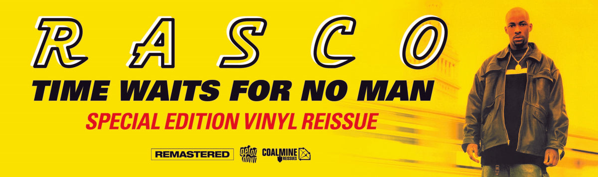 Promotional banner for 'Time Waits For No Man' vinyl reissue with a person holding a record.