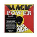 Black Power Peace flag design featuring a red and yellow background with diagonal X shapes, bold black and white text reading 'BLACK POWER' at the top and 'PEACE' at the bottom, and a black raised fist centered over a yellow circle.