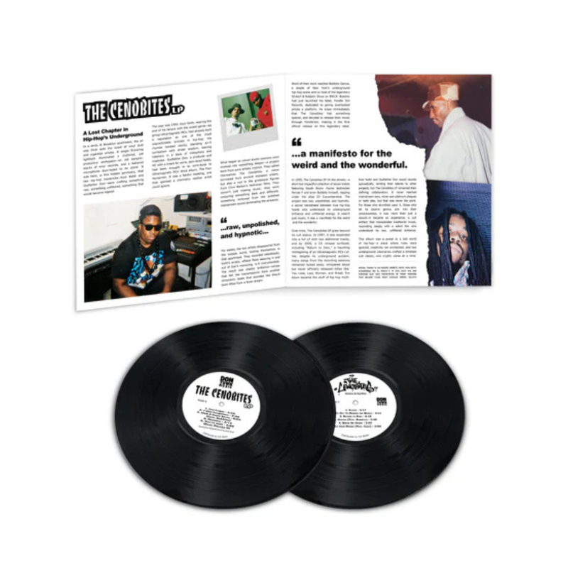 inside of cenobites album with photos of kool keith and godfather don and 2 black records 