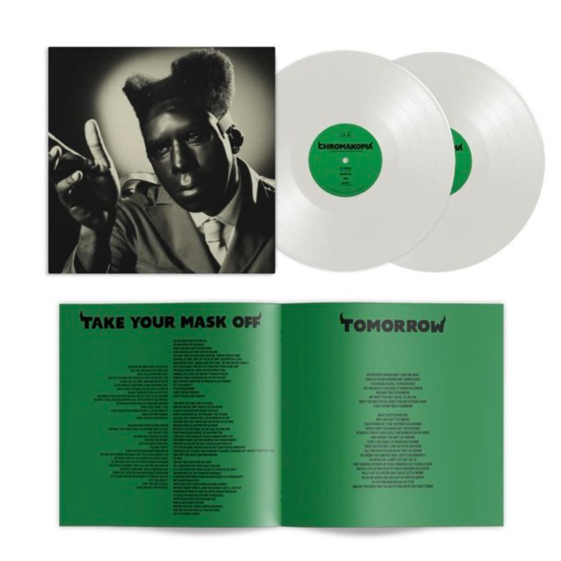 Tyler The Creators Chromakopia album with 2 white records and a green booket with lyrics 