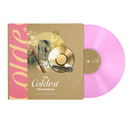Vinyl record with pink disc and gold and pink cover on a white background