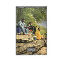 Cassette tape cover with three people sitting on a rock by a lake, featuring a 'Parental Advisory' label.