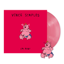 Vinyl record with a pink cover featuring an illustration of a cartoon character and the text 'Vince Staples Cry Baby'.