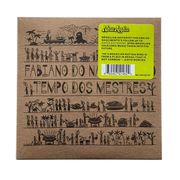 A square graphic print or poster with a tan background and black illustrated rows of figures, plants, animals, and tools, with large stylized text reading 'FABIANO DO NASCIMENTO TEMPO DOS MESTRES.'