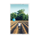 Child running in a field with a blue balloon, framed as a rectangular photo.