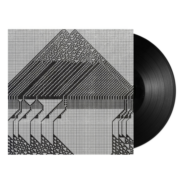 Vinyl record with a geometric patterned cover on a white background