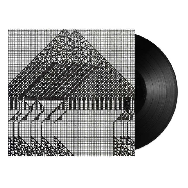 Vinyl record with a geometric patterned cover on a white background