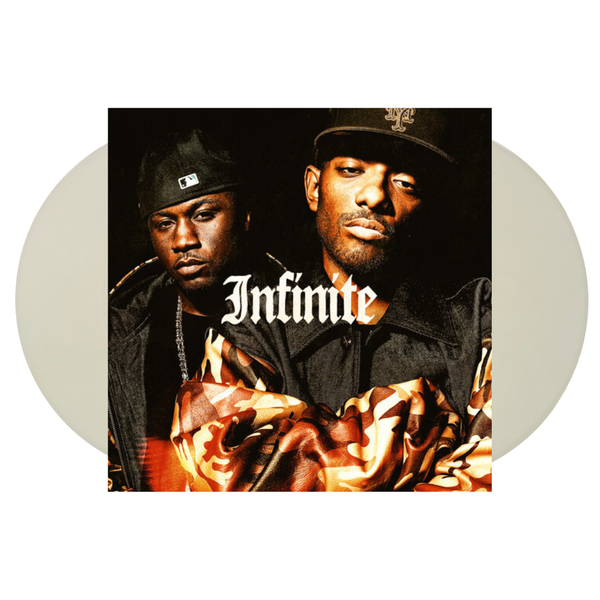 Prodigy and Havoc of Mobb Deep wearing hats with 'Infinite' text on a vinyl record cover.