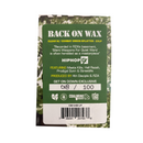 Green label with text and branding on a white background