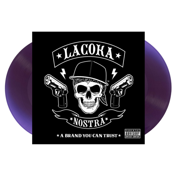 purple Vinyl record with a skull and gun design on a black label, featuring the brand 'Lacoka Nostra'.