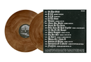 Vinyl records with a black cover displaying track listings on a white background, with brown galaxy records on the left 