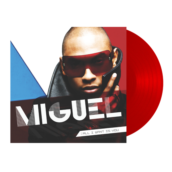 Vinyl record with a person wearing sunglasses and the word 'MIGUEL' on a red and blue background