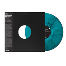Vinyl record with a black cover and teal disc on a white background