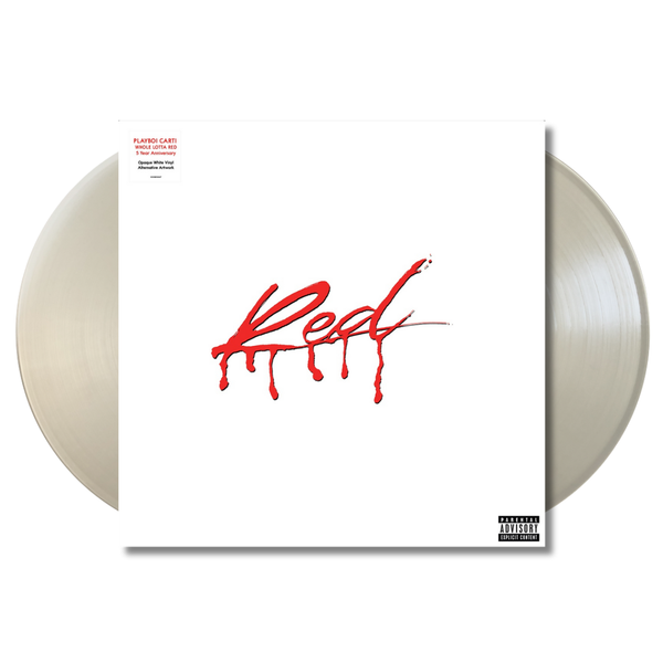 Vinyl record for Playboi Carti with a white cover featuring  bloody red text on a white background
