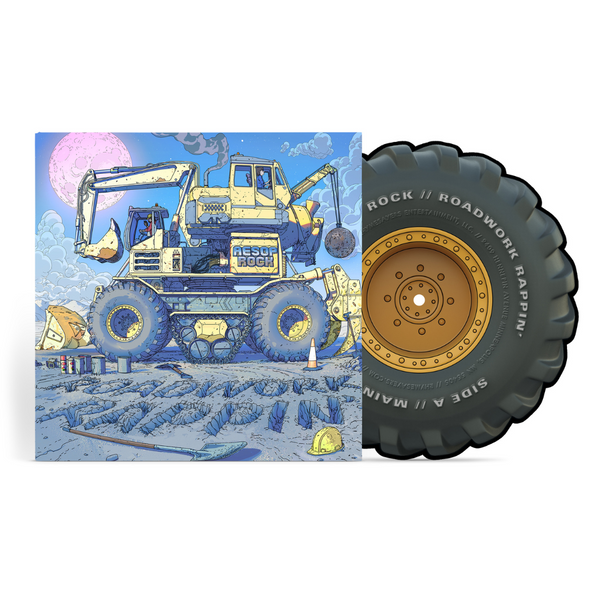 Aesop Rock Illustration of a construction vehicle on a blue background with a close-up of a large tire.