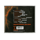 Back cover of a music album with tracklist and executive producer credit on a black background with orange lightning effect.