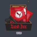 A record cover 'Stash Box' with a graphic design on the cover, predominantly in red and black colors, including an illustration of a gun and money