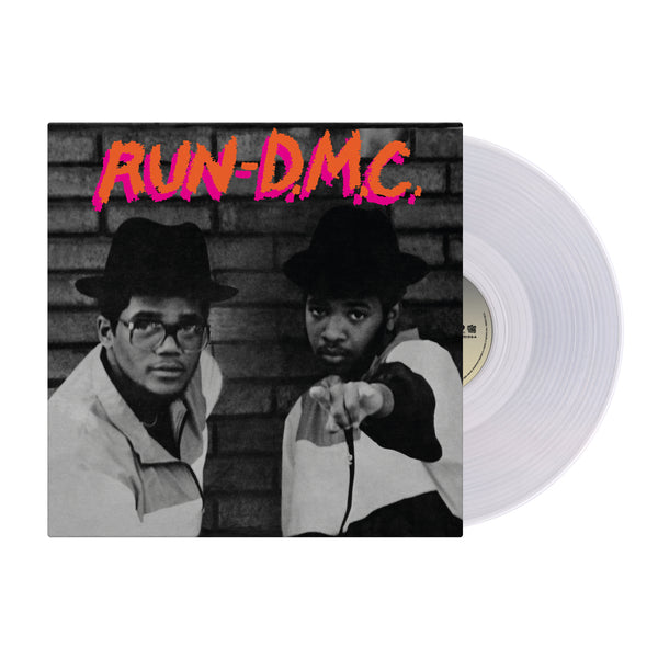 Clear translucent vinyl LP record of Run-DMC with album cover featuring members of the group.