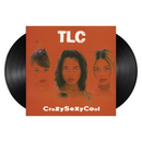 A vinyl record album cover featuring three young women with their names TLC at the top and the album title Crazy Sexy Cool at the bottom on a orange background.
